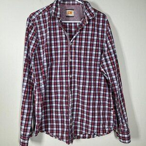 Boss Orange Button Up Shirt Mens Size L Plaid Long Sleeve Red Navy!